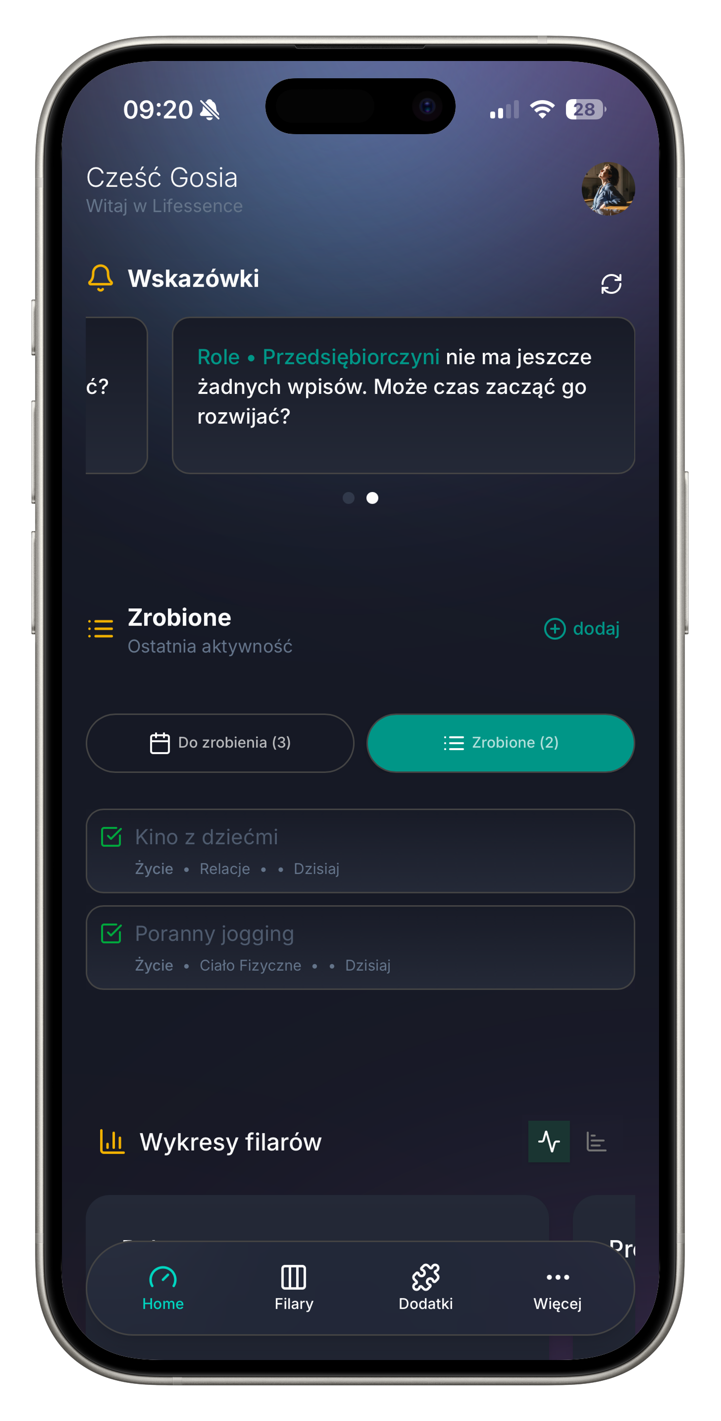 Lifessence — widok aplikacji mobilnej